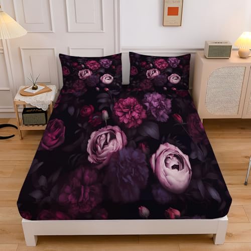 Spannbettlaken 160x200cm für Kinder, Lila Rosen Pfingstrosen Soft Mikrofaser Spannbetttuch mit 30 cm Tiefe Tasche, Dunkelviolett Gotisch Floral Dekorativer Boxspringbett mit 2 Kissenbezügen 80x80 cm Spannbettlaken 160x200cm für Kinder, Lila Rosen Pfingstrosen Soft Mikrofaser Spannbetttuch mit 30 cm Tiefe Tasche, Dunkelviolett Gotisch Floral Dekorativer Boxspringbett mit 2 Kissenbezügen 80x80 cm von CEDNXOER