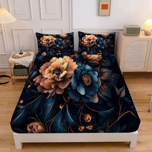 Spannbettlaken 160x200cm für Kinder,Bernstein Blütenblätter Soft Mikrofaser Spannbetttuch mit 30 cm Tiefe Tasche,Dunkelblau Pflanzen Und Blumen Dekorativer Boxspringbett mit 2 Kissenbezügen 80x80 cm Spannbettlaken 160x200cm für Kinder,Bernstein Blütenblätter Soft Mikrofaser Spannbetttuch mit 30 cm Tiefe Tasche,Dunkelblau Pflanzen Und Blumen Dekorativer Boxspringbett mit 2 Kissenbezügen 80x80 cm von CEDNXOER