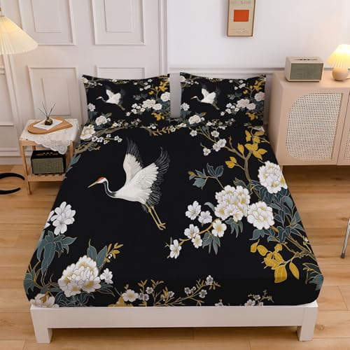 Spannbettlaken 180x200cm, Weiche Kranich Tier Mikrofaser Spannleintuch mit 30 cm Tiefe Tasche, Schwarz Boxspringbett Weiße Blüten Zweige Bettlaken mit 2 Kissenbezügen 80x80 cm von CEDNXOER