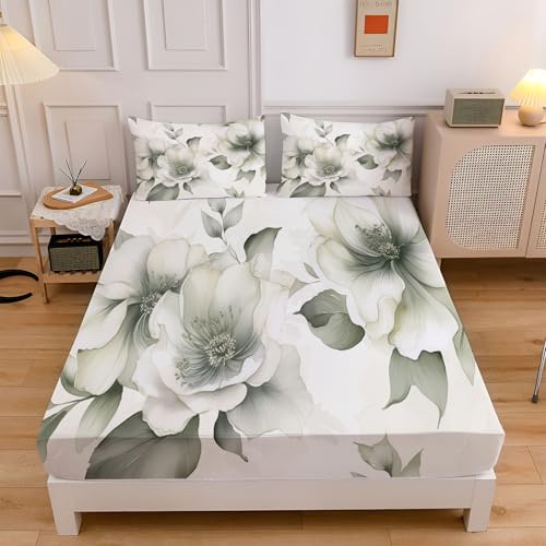 Spannbettlaken 180x200cm, Weiche Retro Pflanzen Mikrofaser Spannleintuch mit 30 cm Tiefe Tasche, Weiß Boxspringbett Graugrüne Blüten Bettlaken mit 2 Kissenbezügen 80x80 cm von CEDNXOER