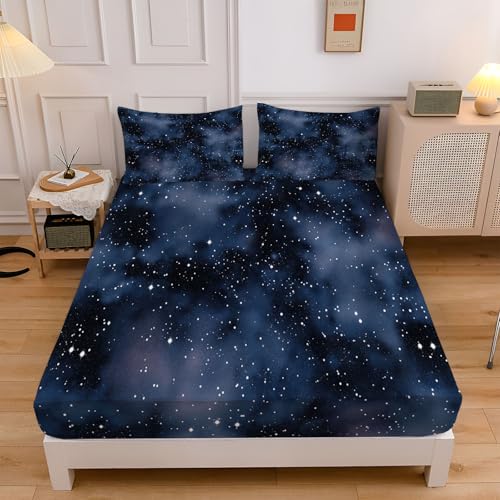 Spannbettlaken 180x200cm, Weiche Universum Galaxie Mikrofaser Spannleintuch mit 30 cm Tiefe Tasche, Dunkelblau Boxspringbett Sternenhimmel Nebel Bettlaken mit 2 Kissenbezügen 80x80 cm Spannbettlaken 180x200cm, Weiche Universum Galaxie Mikrofaser Spannleintuch mit 30 cm Tiefe Tasche, Dunkelblau Boxspringbett Sternenhimmel Nebel Bettlaken mit 2 Kissenbezügen 80x80 cm von CEDNXOER