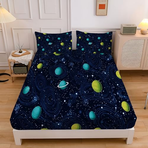 Spannbettlaken 180x200cm Galaxien Planeten, Print Mikrofaser Bettlaken Set, 30cm Tiefe Taschenlaken für Boxspringbett, Cartoon Universum Weich Spannbetttuch mit 2 Kissenbezügen 80x80cm Spannbettlaken 180x200cm Galaxien Planeten, Print Mikrofaser Bettlaken Set, 30cm Tiefe Taschenlaken für Boxspringbett, Cartoon Universum Weich Spannbetttuch mit 2 Kissenbezügen 80x80cm von CEDNXOER