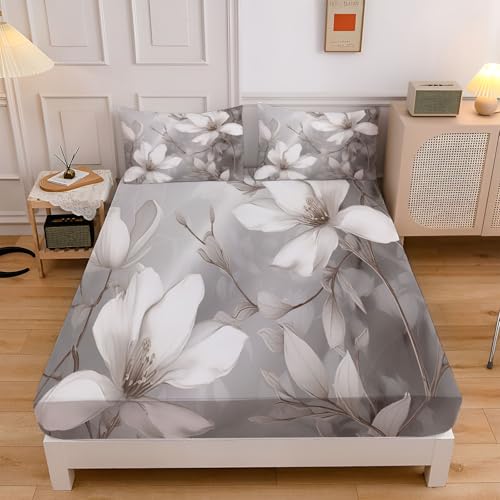 Spannbettlaken 200x200cm für Kinder, Weiße Magnolie Soft Mikrofaser Spannbetttuch mit 30 cm Tiefe Tasche, Grau Elegant Blumen Dekorativer Boxspringbett mit 2 Kissenbezügen 80x80 cm Spannbettlaken 200x200cm für Kinder, Weiße Magnolie Soft Mikrofaser Spannbetttuch mit 30 cm Tiefe Tasche, Grau Elegant Blumen Dekorativer Boxspringbett mit 2 Kissenbezügen 80x80 cm von CEDNXOER