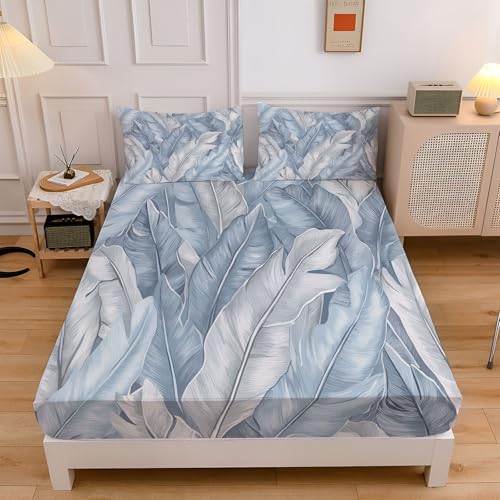Spannbettlaken 90x200cm, Weiche Tropische Pflanzen Mikrofaser Spannleintuch mit 30 cm Tiefe Tasche, Graublau Boxspringbett Bananenblätter Bettlaken mit 2 Kissenbezügen 80x80 cm Spannbettlaken 90x200cm, Weiche Tropische Pflanzen Mikrofaser Spannleintuch mit 30 cm Tiefe Tasche, Graublau Boxspringbett Bananenblätter Bettlaken mit 2 Kissenbezügen 80x80 cm von CEDNXOER