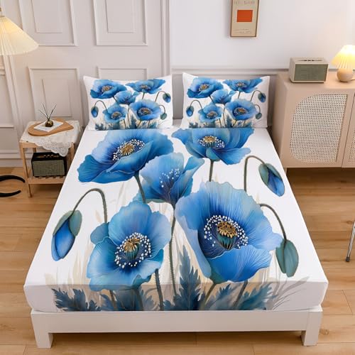 Spannbettlaken 90x200cm für Kinder, Aquarell Mohnblumen Soft Mikrofaser Spannbetttuch mit 30 cm Tiefe Tasche, Blau Pflanzen Illustrationen Dekorativer Boxspringbett mit 2 Kissenbezügen 80x80 cm von CEDNXOER