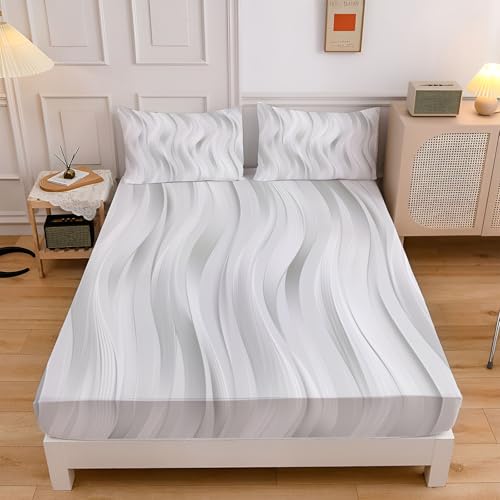 Spannbettlaken Abstrakte Wellen Verdickter Bettlaken, 30cm Extra Tiefe Tasche Elastisch Spannbetttuch, Minimalismus Streifen Weich Mikrofaser für Boxspringbett mit 2 Kissenbezügen, 90x200cm Spannbettlaken Abstrakte Wellen Verdickter Bettlaken, 30cm Extra Tiefe Tasche Elastisch Spannbetttuch, Minimalismus Streifen Weich Mikrofaser für Boxspringbett mit 2 Kissenbezügen, 90x200cm von CEDNXOER