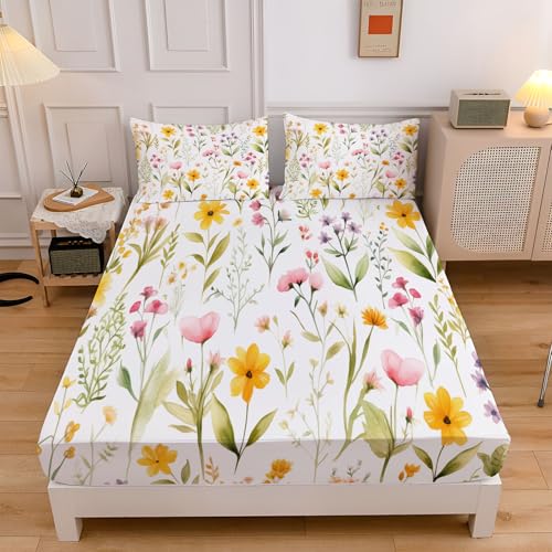 Spannbettlaken Gelbe Blumen Pflanzen Verdickter Bettlaken, 30cm Extra Tiefe Tasche Elastisch Spannbetttuch, Landschaft Pflanzen Weich Mikrofaser für Boxspringbett mit 2 Kissenbezügen, 90x200cm Spannbettlaken Gelbe Blumen Pflanzen Verdickter Bettlaken, 30cm Extra Tiefe Tasche Elastisch Spannbetttuch, Landschaft Pflanzen Weich Mikrofaser für Boxspringbett mit 2 Kissenbezügen, 90x200cm von CEDNXOER