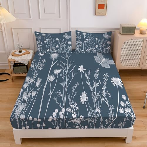Spannbettlaken Weiße Wildblumen Schmetterling Verdickter Bettlaken, 30cm Extra Tiefe Tasche Elastisch Spannbetttuch, Natur Blumen Weich Mikrofaser für Boxspringbett mit 2 Kissenbezügen, 200x200cm Spannbettlaken Weiße Wildblumen Schmetterling Verdickter Bettlaken, 30cm Extra Tiefe Tasche Elastisch Spannbetttuch, Natur Blumen Weich Mikrofaser für Boxspringbett mit 2 Kissenbezügen, 200x200cm von CEDNXOER