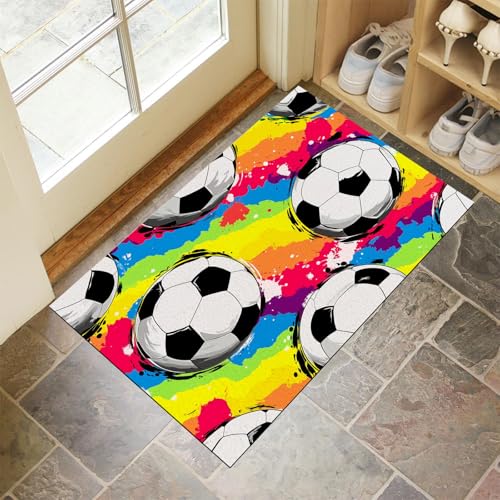 Türmatten Waschbar 40x60 cm Bunter Fußball, Anti-Rutsch Schmutzfang Bodenmatte, Fußballspiel Sport Innen Haustür Matten, Gelb Absorbierende Low Profile Matte für Halle Eingang von CEDNXOER