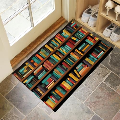 Türmatten Waschbar 50x80 cm Cartoon Bücherregal, Anti-Rutsch Schmutzfang Bodenmatte, Bibliothek Innen Haustür Matten, Braun Absorbierende Low Profile Matte für Halle Eingang von CEDNXOER
