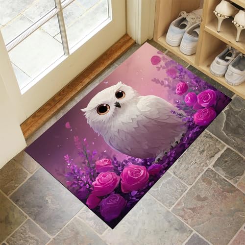 Türmatten Waschbar 90x150 cm Eule Rose, Anti-Rutsch Schmutzfang Bodenmatte, Zeichentrick Tiere Innen Haustür Matten, Lila Absorbierende Low Profile Matte für Halle Eingang von CEDNXOER