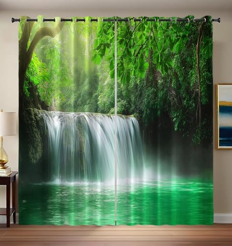 Verdunklungsvorhänge Frühlingsgrün Vorhänge Blickdicht 2er Set 200 cm Lang, Ruhe Wasserfall Gardinen Ösen Abdunkelnde Wohnzimmer, Natur Wald Fenster Gardine Verdunkelung Thermovorhang H 200 x B 70 cm von CEDNXOER