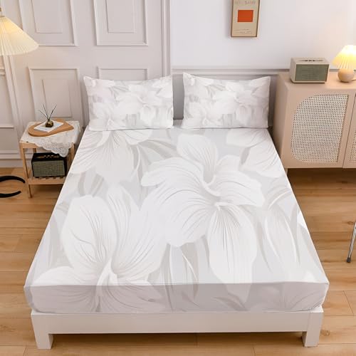 Weiße Orchidee Spannbettlaken 180x200cm Kinder, Minimalismus Blumen Bettlaken 3D Spannbetttuch, Grau Weiß Spannbetttücher Topper 30 cm Höhe Weiche Mikrofaser Boxspringbett mit 2 Kissenbezügen Weiße Orchidee Spannbettlaken 180x200cm Kinder, Minimalismus Blumen Bettlaken 3D Spannbetttuch, Grau Weiß Spannbetttücher Topper 30 cm Höhe Weiche Mikrofaser Boxspringbett mit 2 Kissenbezügen von CEDNXOER
