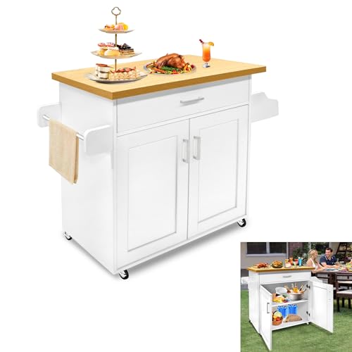 CEEDIR Küchenwagen mit Rollen Bewegliche Küchenschrank mit Schublade & Handtuchhalter & Gewürzboardaus & Arbeitsplatte Kücheninseln 115 x 36 x 90 cm aus Holz Servierwagen Weiß Küchentrolley von CEEDIR
