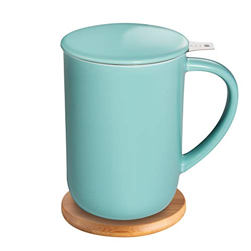 CEEFU Porzellan-Teetasse mit Teesieb und Deckel, Teegeschirr mit Filter und Untersetzer, lose Teetasse Steeper Maker, 473 ml für Tee/Kaffee/Milch/Frauen/Büro/Zuhause/Geschenk (türkis) von CEEFU