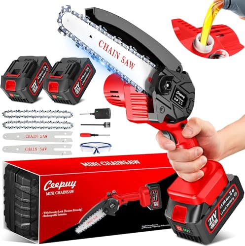 Mini-Akku-Kettensäge 6 Zoll mit 880W reinem Kupfermotor, 2 Akkus, 2 Ketten und Sicherheitsverriegelung – ideale Elektrische Handkettensäge für präzises Schneiden von Ästen und Holz im Garten von CEEPUY