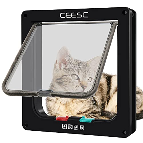 CEESC Große Katzenklappe (Außenmaße 23x25cm), Wetterfest, Schwarz, ABS-Material, 4-Wege-Verriegelung für Katzen und Hunde mit einem Umfang < 60cm von CEESC