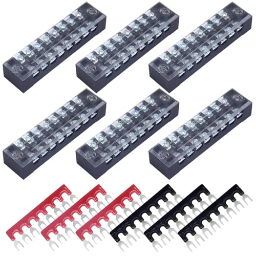 CEEYSEE 6 Stück 4 Positionen zweireihig abgedeckte Schraubklemme 600 V 15 A + 6 Stück 4 Positionen vorisoliert schwarz/rot Gabelklemmleiste 400 V 15 A (TB1504) von CEEYSEE