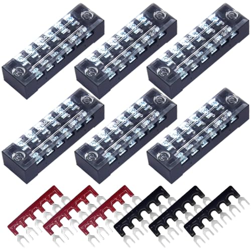 CEEYSEE 6 Stück 4 Positionen zweireihig abgedeckte Schraubklemme 600 V 15 A + 6 Stück 4 Positionen vorisoliert schwarz/rot Gabelklemmleiste 400 V 15 A (TB1504) von CEEYSEE