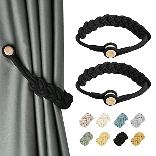 CEHJZQRPL Quasten-Vorhanghalter 2er-Pack magnetische Vorhang-Raffhalter, handgewebte Baumwoll-Raffhalter, Clip-Seil-Riemenschnalle, Raffhalter(Black) von CEHJZQRPL