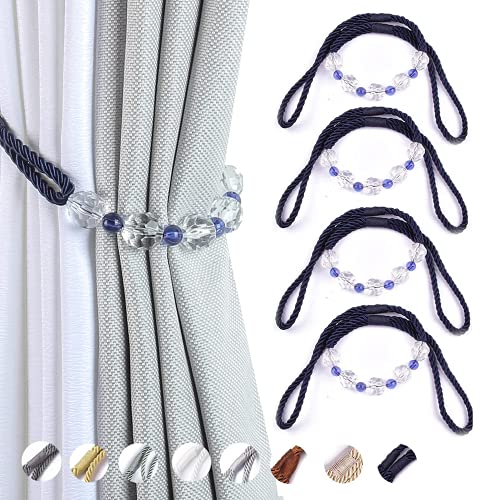 CEHJZQRPL Quasten-Vorhanghalter 4er-Pack Vorhang-Raffhalter mit Kristallperlen, dekorative Gardinenhalter, handgefertigt, Vorhangseil(Navy Blue) von CEHJZQRPL