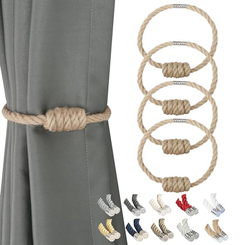 CEHJZQRPL Quasten-Vorhanghalter Magnetische Vorhang-Raffhalter, Moderne gewebte Raffhalter mit exquisitem Knoten, Vorhanghalter for die Heimdekoration(Jute,4 Pack) von CEHJZQRPL