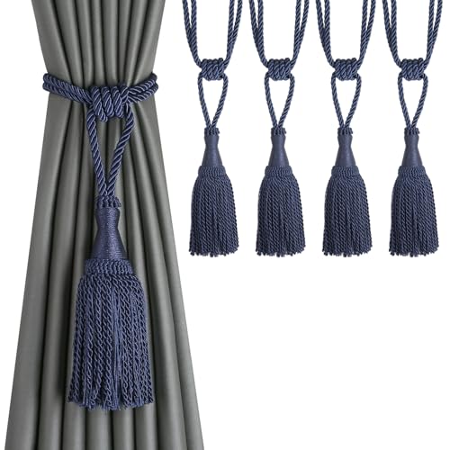 CEHJZQRPL Quasten-Vorhanghalter Moderne Raffhalter for Fenstervorhänge aus Seil for Vorhänge, Elegante dekorative Vorhanghalter for den Außenbereich mit Quaste(Navy,4 Pack) von CEHJZQRPL
