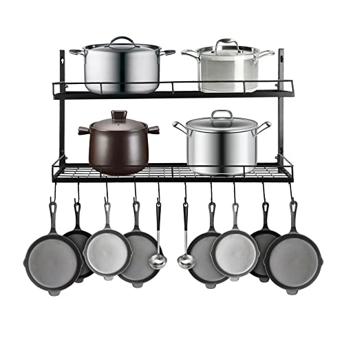 CEHJZQRPL Topfregal mit 2 Ebenen und 10 Haken zur Wandmontage, Topf- und Pfannenregal, Küchenaufhänger aus Eisen for Pfannen und Töpfe von CEHJZQRPL