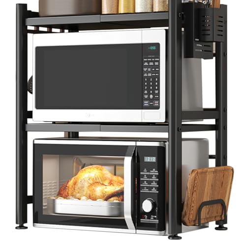 CEIEVER Erweiterbares Mikrowellen Regal, Mikrowellenschrank Organizer Stehend mit 6 Haken+Messerhalter+Essstäbchenhalter+Schneidebretthalter Küchenregal Erweiterbar 40-64cm (Schwarz, 2 Schichten) von CEIEVER