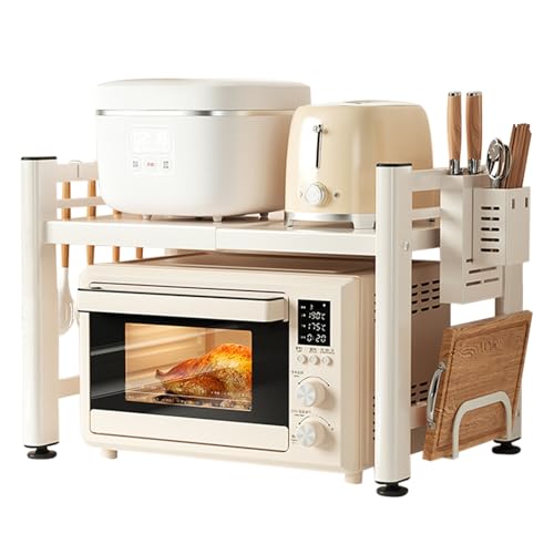 CEIEVER Erweiterbares Mikrowellen Regal, Mikrowellenschrank Organizer Stehend mit 6 Haken+Messerhalter+Essstäbchenhalter+Schneidebretthalter Küchenregal Erweiterbar 40-64cm (Weiß, 1 Schicht) von CEIEVER