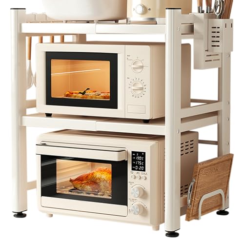 CEIEVER Erweiterbares Mikrowellen Regal, Mikrowellenschrank Organizer Stehend mit 6 Haken+Messerhalter+Essstäbchenhalter+Schneidebretthalter Küchenregal Erweiterbar 40-64cm (Weiß, 2 Schichten) von CEIEVER