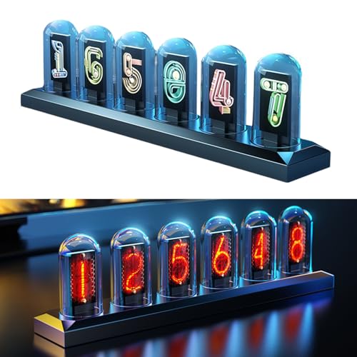 CEIEVER LED Nixie Uhr, Nixie Tube Clock mit 2 Zeitmodi Nixie Röhrenuhr Glow Tube Clock IPS Color Screen Digital Clock röhren Uhr für Zuhause, Schlafzimmer, Schreibtisch, Dekoration von CEIEVER