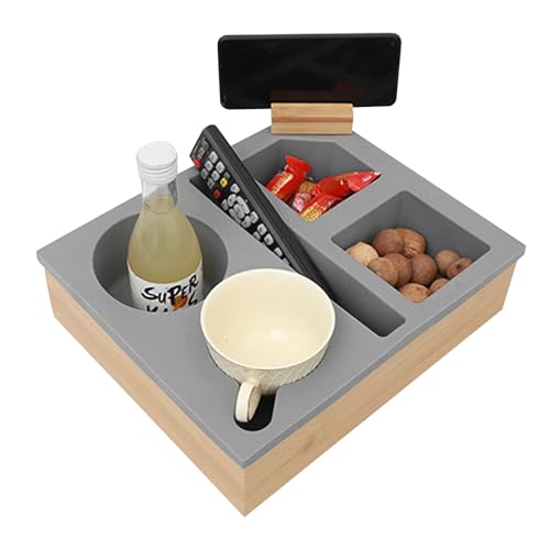 Couchbar Snackbox,CEIEVER Couch Bar mit Snackschalen 2 in 1 Premium Organizer Tablett aus Bambus Couch Bar mit Getränkehalter Holz Sofatablett für Sofa,Deko (Grau) von CEIEVER
