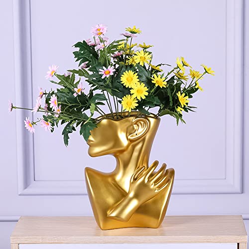 Gold Keramik Vase,Moderne Kreativität Vasen Dekoration mit Vase Gesicht Statue weiße Keramik weißer Blumentopf Kopf groß für Pampasgras Wohnzimmer Schlafzimmer getrocknete Kunstblumen (Gold) von CEIEVER