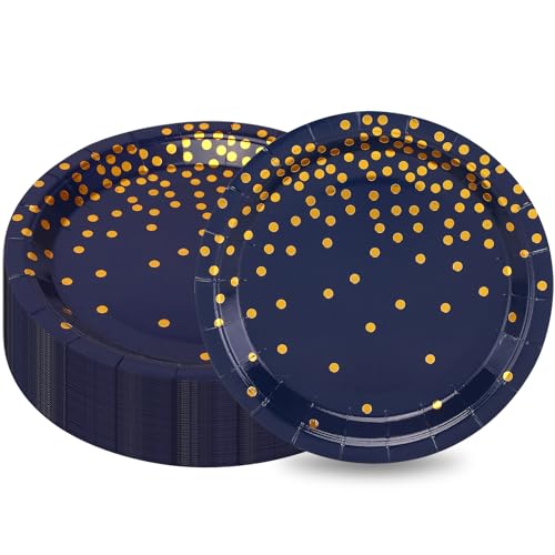 Marineblau Pappteller, CEILWIEN 50 Stück Marineblaue Pappteller mit Goldenen Punkten aus Folie, Geburtstag Partygeschirr, Papier Teller, Goldfolie Partygeschirr, 9 Zoll/23CM (Marineblau Goldene/9’’) von CEILIWEN