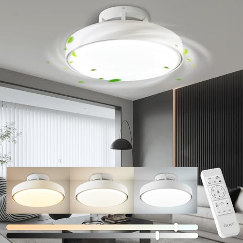 CELAVY Deckenventilator mit Licht Beleuchtung 48CM, 74W Deckenlampe mit Ventilator Dimmbar, Flach Deckenleuchte mit Ventilator & Fernbedienung, Leise LED Ventilator Lampe Decke Schlafzimmer, Weiß von CELAVY