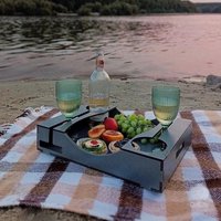 Personalized Wooden Wine Tray With Glass & Bottle Holders - Gray Wood Stain, Snack Compartments, & Side Handles von CELEBRIK