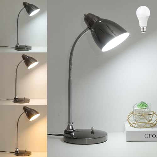 CELYST Metall E27 LED Schreibtischlampe mit 12W Glühbirne, Flexible Schwanenhals Retro Büro Tischlampen für Home Arbeitszimmer Schlafzimmer, Drehschalter Leselampe Nachttischlampe 17x56.5cm, Chrom von CELYST