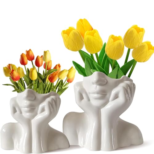 CEMABT Gesicht Vase 2er Set, Blume Vase Dekor, Keramik Körper Vase Weibliche Form Ideale Regal Dekor, Moderne Bauernhaus Tisch Dekor, Kleine Nette Vase Bücherregal Dekor Halbgesicht Vase（groß+klein） von CEMABT