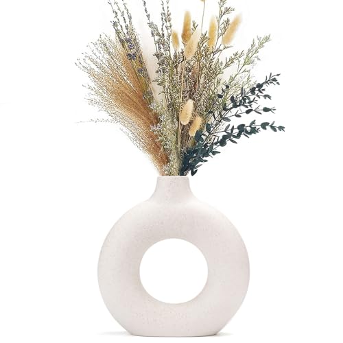 CEMABT Vase Für Pampasgras Blumen,Weiß Keramik Donut Vase, vase weiß,Runde Form Modern Getrocknete Blumenvasen Für Wohnzimmer Büro Dekoration,vase beige von CEMABT