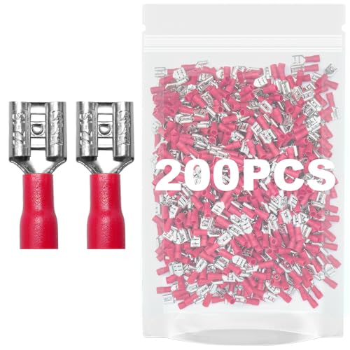 200Stück Flachsteckhülsen 0,5-1,5mm²/Steckbreite 6,35 x 0,8 mm Flachstecker Teilisoliert Kabel-Verbinder aus Kupfer Verzinnt FDD1.25-250 (200, 0,5-1,5 mm² (Breite 6,35 mm rot)) von CEMYDEYO