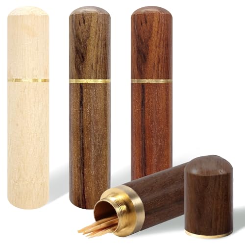 CENCERY 4 Stück Zahnstocherhalter Zahnstocherhalter-Box Tragbares Zahnstocheretui aus Holz Zahnstocher-Taschenbox Mini-Zahnstocherbox für Zahnstocher von CENCERY