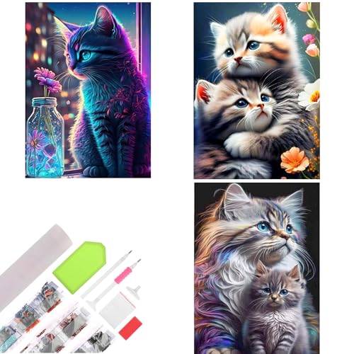 CEOVR Katzen Diamond Painting Kit Erwachsene,3 Pack Diamond-painting Blumen,30x40 cm Diamant Paintings Kit,5D DIY Diamond Painting Bilder Set Tiere,Crystal Art Set 3 Teile,Geschenk von CEOVR