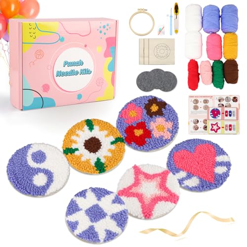 CEOVR Punch Needle Embroidery Kit Schlicht Punch-needle Sticken Untersetzer Erwachsene,Stickrahmen Set Vollständig,10x10 cm (Box-weiß rosa blau) von CEOVR