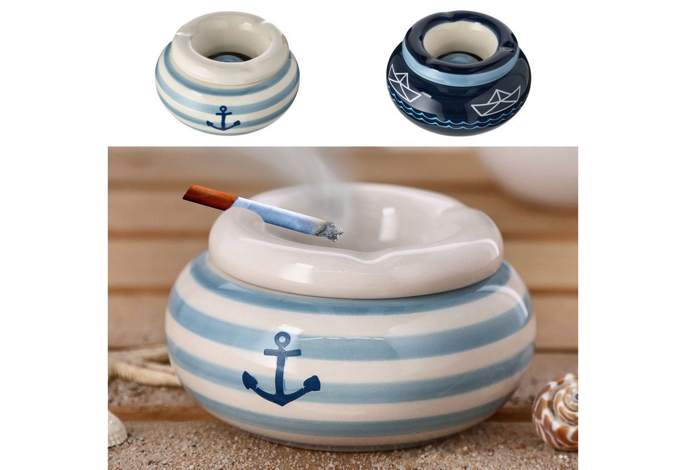 CEPEWA Aschenbecher Sturmaschenbecher Maritim 2er Set Ø11cm Dolomit blau weiß Aschenbecher von CEPEWA