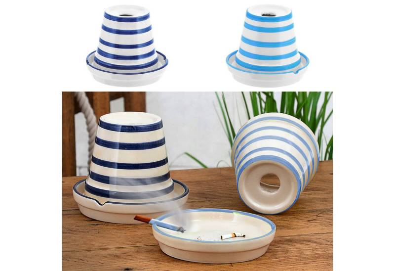 CEPEWA Aschenbecher Sturmaschenbecher Maritim 2er Set blau weiß gestreift Ø12cm Dolomit von CEPEWA