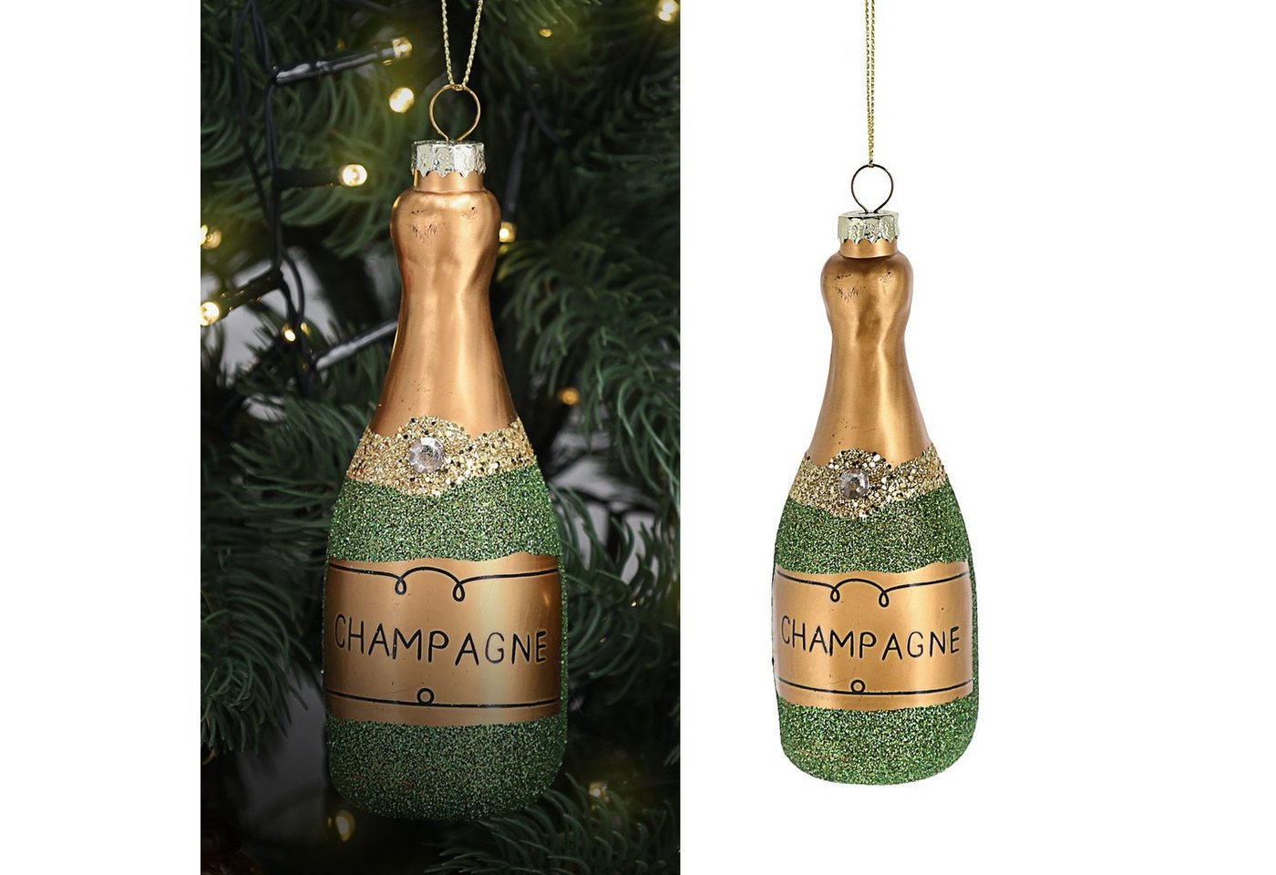 CEPEWA Christbaumschmuck Christbaumschmuck Champagner handbemalt 6x14x6cm Glas bunt Glitzer von CEPEWA