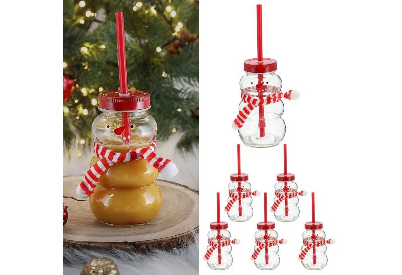 CEPEWA Deko-Glas Trinkglas Schneemann 6er Set Trinkhalm Ø7cm 260ml Motivglas mit Deckel von CEPEWA