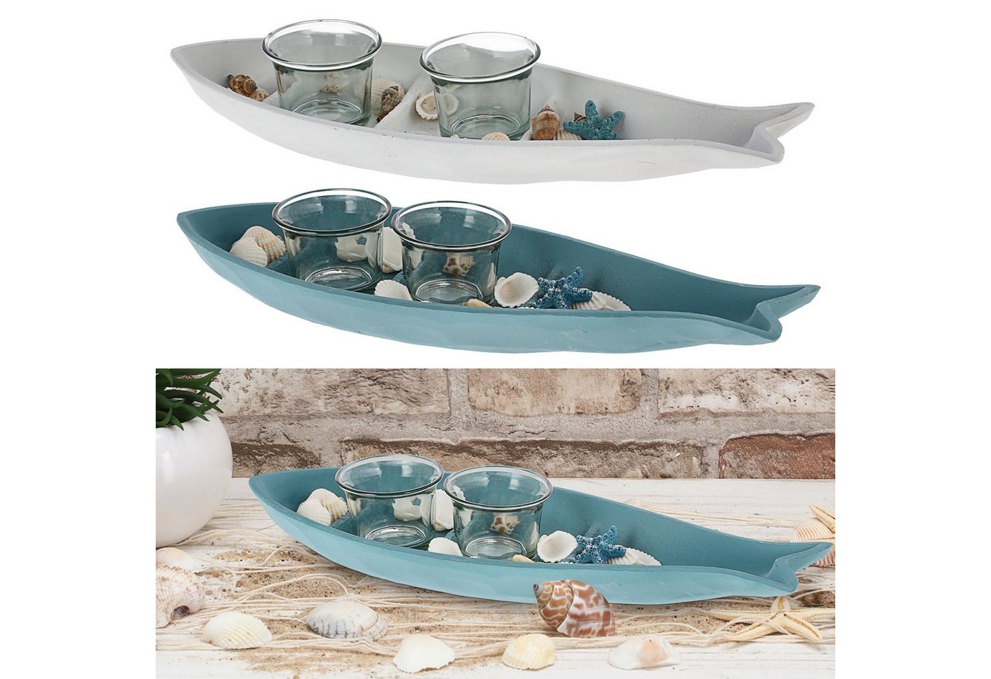 CEPEWA Dekotablett Tablett Fischform 2er Set Kerzenhalter MDF Glas weiß blau 34x12cm von CEPEWA