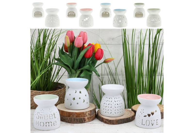 CEPEWA Duftlampe Duftlampe 4er Set Keramik 9x9,5cm Schrift Muster weiß blau rosa grün von CEPEWA